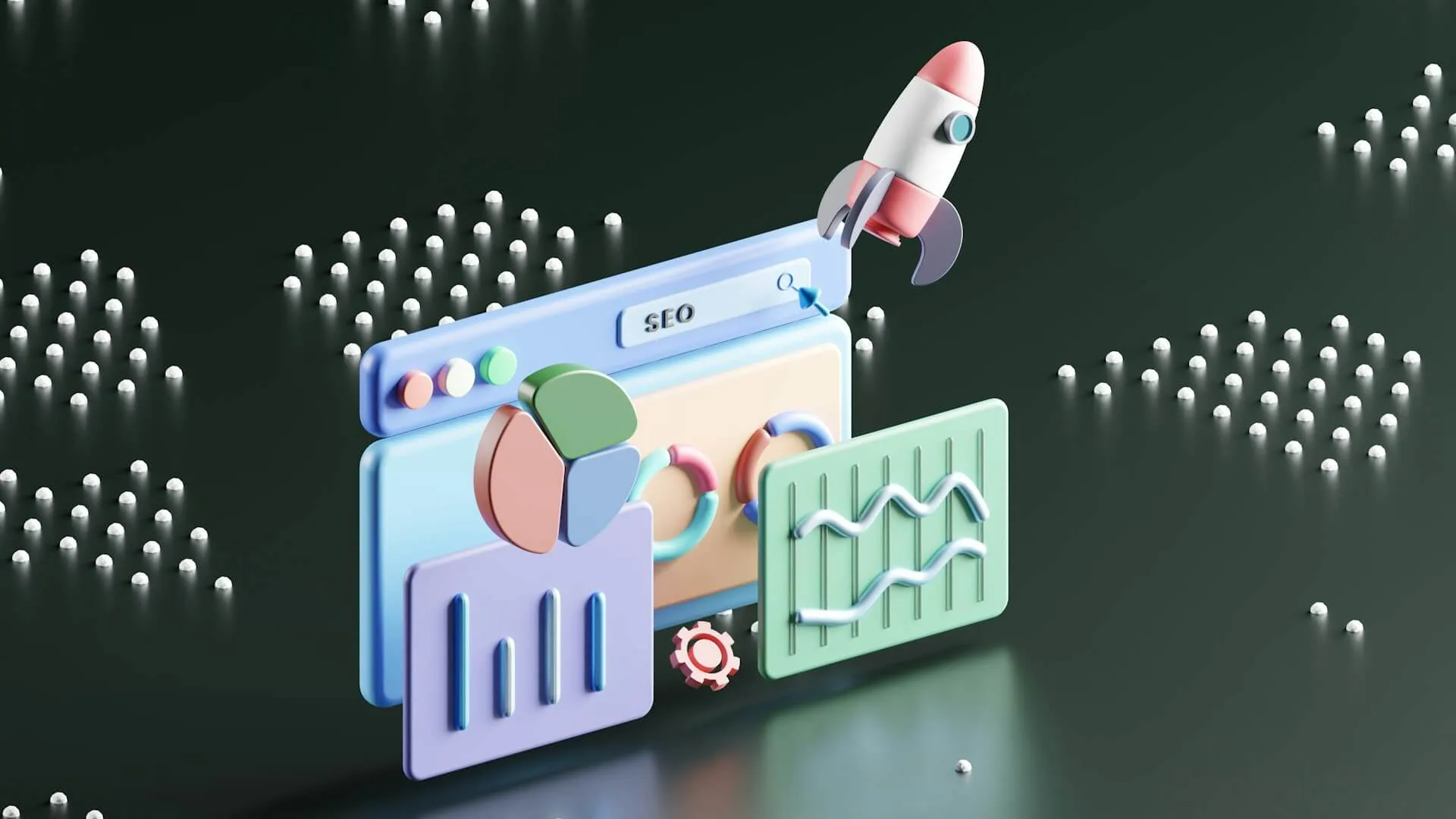 Illustration of an SEO dashboard with charts and a rocket symbolising online growth.